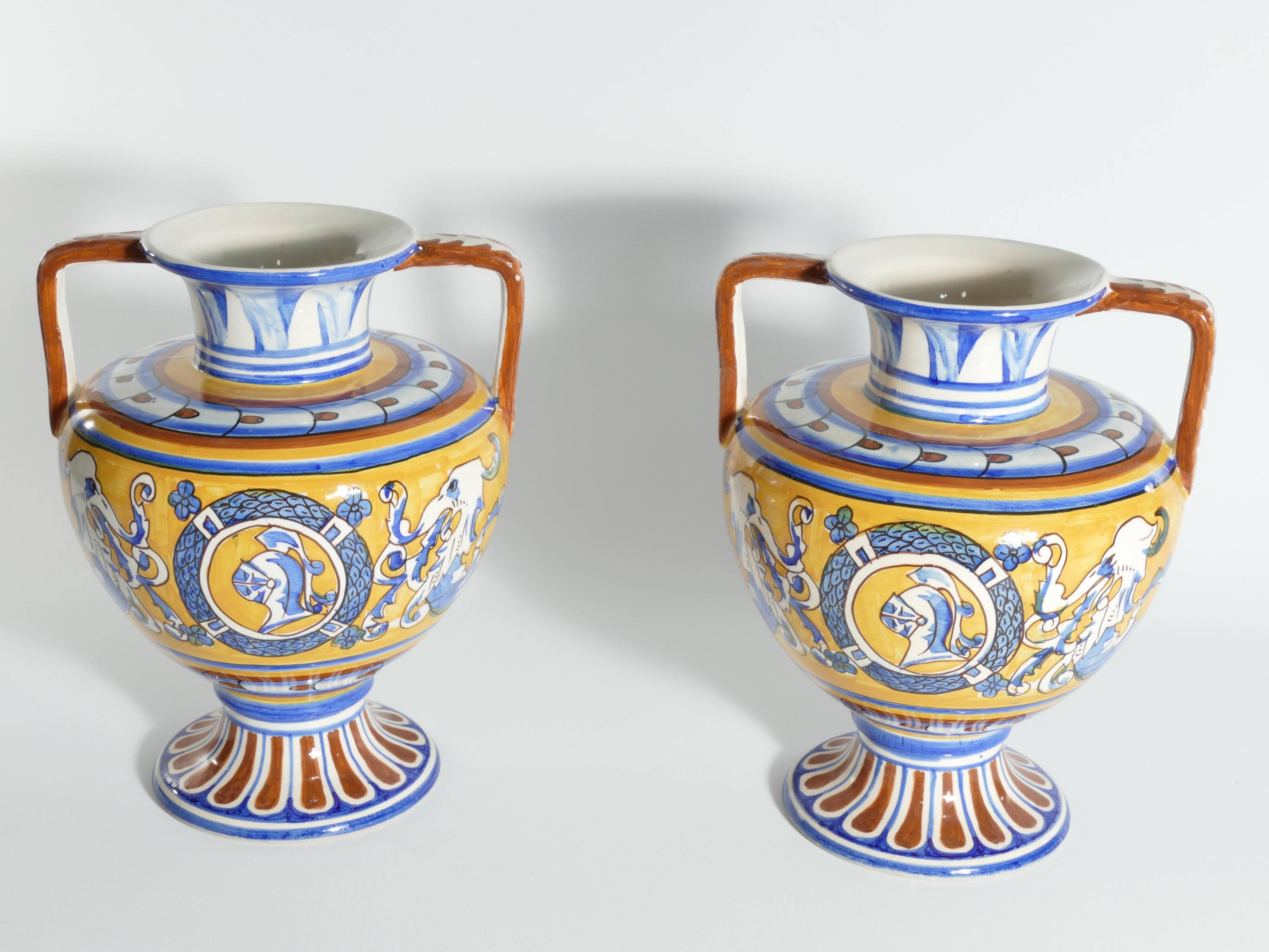 Large Hand-Painted Ceramic Double Handled Vases,  France, Set of 2