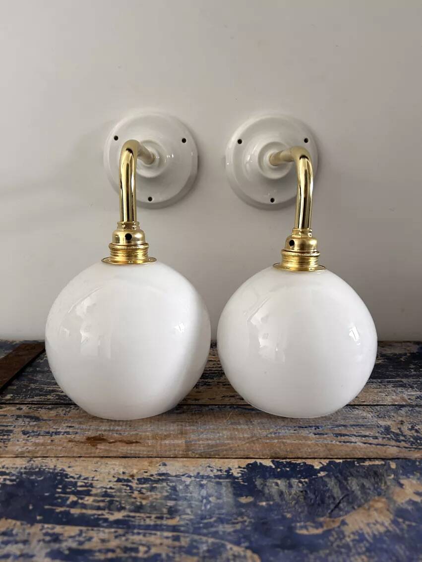 Pair of vintage white opaline wall lights