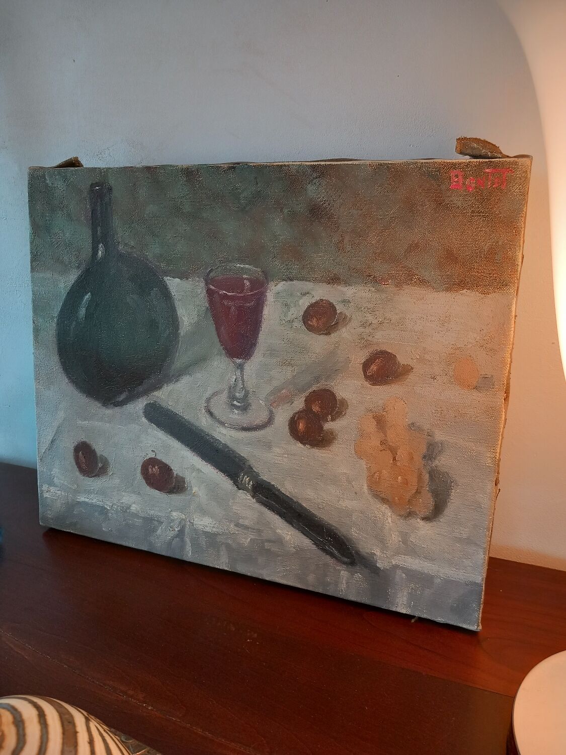 Still life painting with glass of wine .old