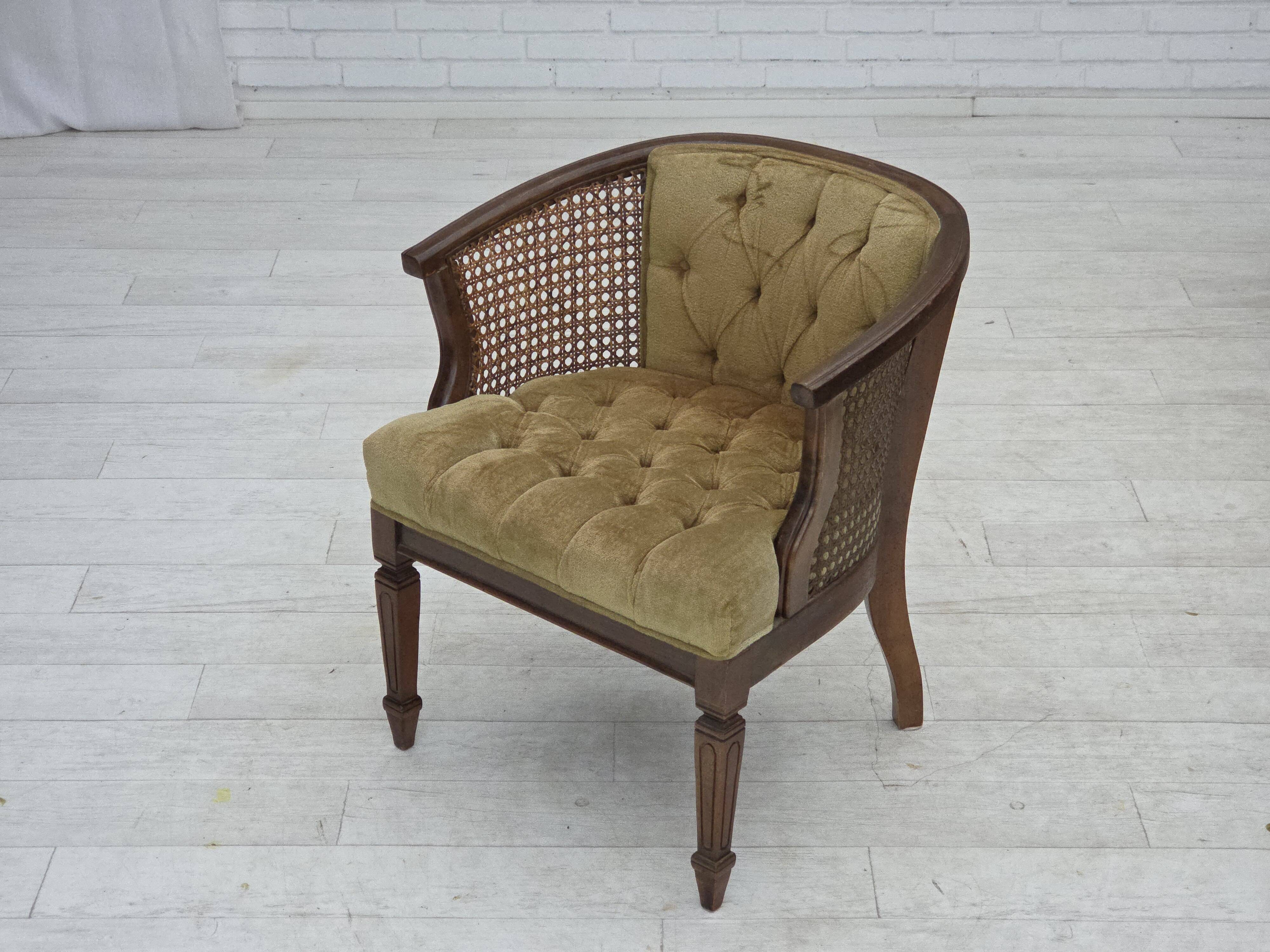 1950s, Danish easy chair, furniture velour, furniture mesh, oak wood.