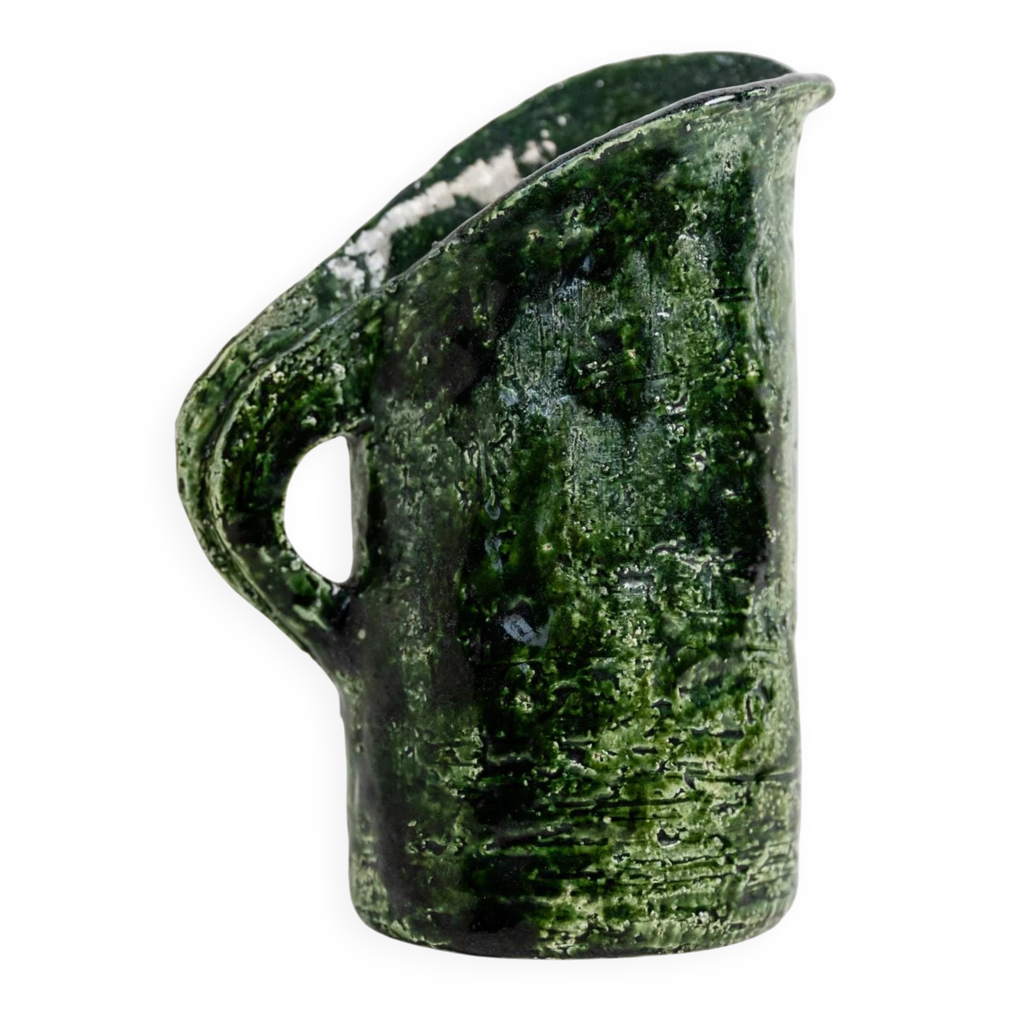 Vintage 1970s studio ceramic vase or pitcher, glazed green.