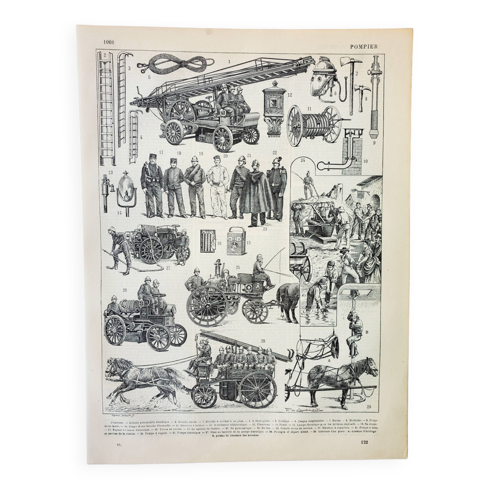 Old engraving 1898, Firefighter, ambulance, fire, rescue • Lithograph, Original plate