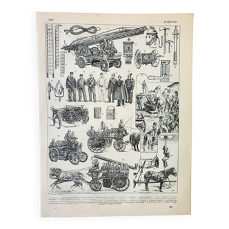 Old engraving 1898, Firefighter, ambulance, fire, rescue • Lithograph, Original plate