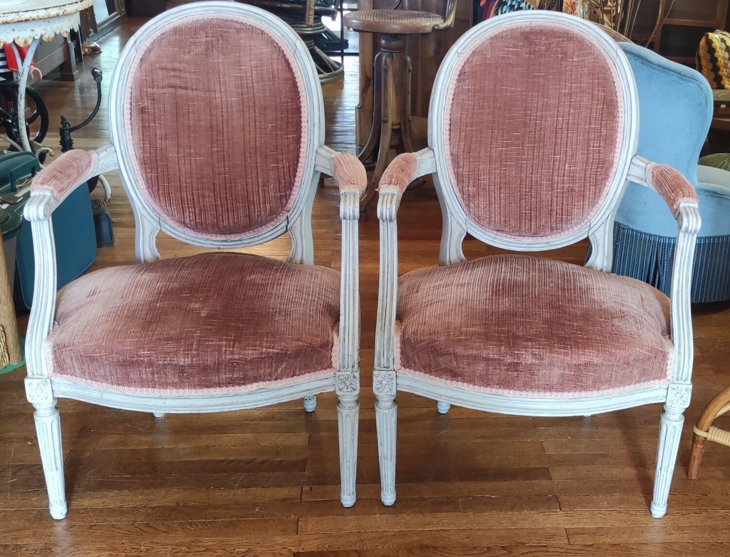 Pair of Louis XVI style medallion armchairs