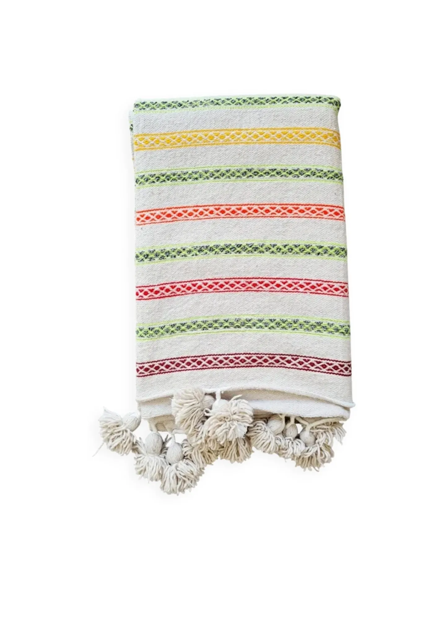 Moroccan plaid made of handwoven wool, decorated with stripes and pom-poms.