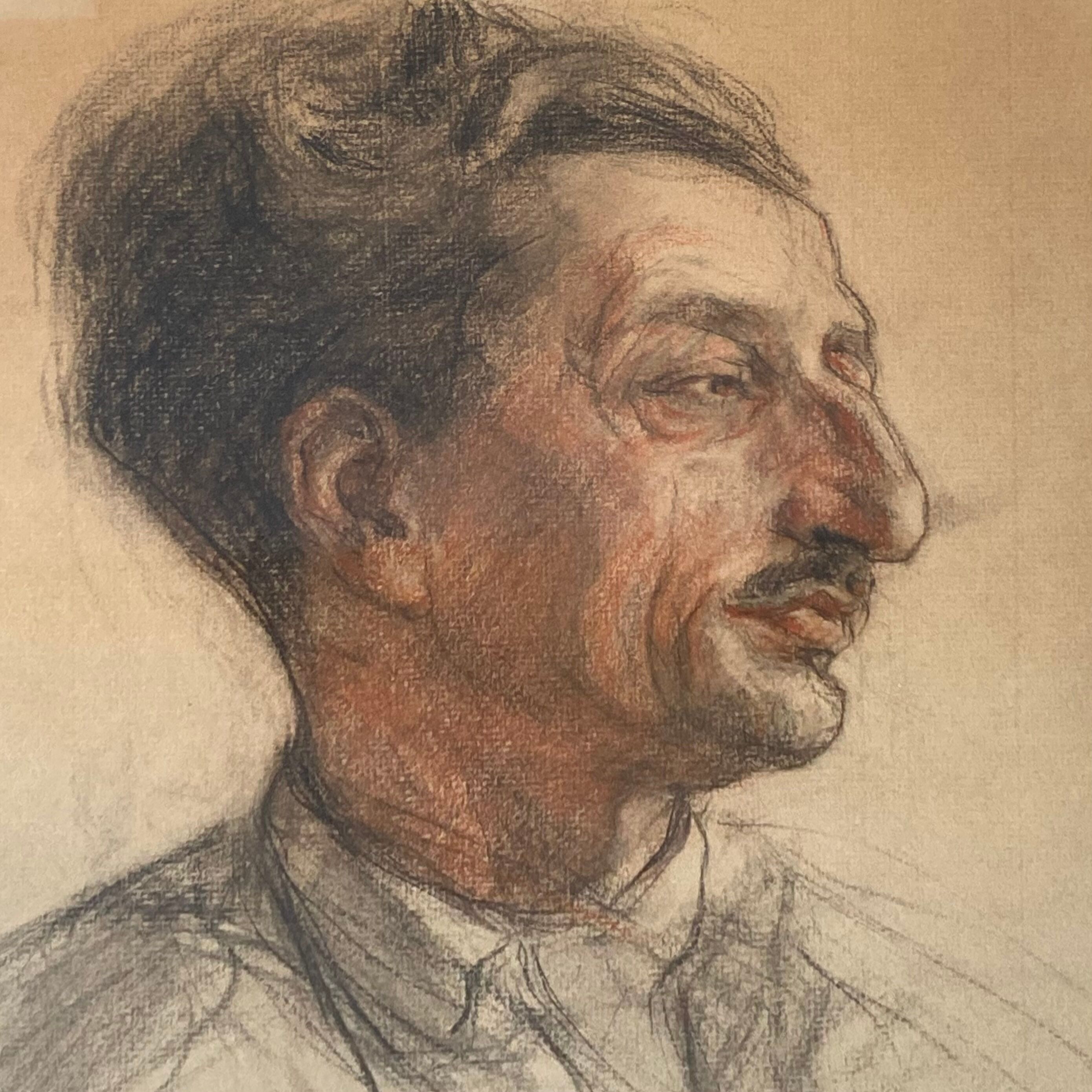 Portrait of a man with charcoal and sanguine of 1953 signed Lucien Pénat