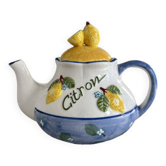 Théière vintage porcelaine et détails barbotine motif citron peinte à la main