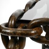 1970s XL Coffee Table Made of Nautical Iron Chain and a Thick Smoked Glass