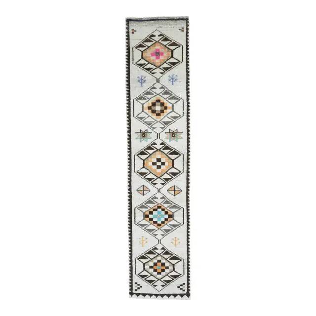 Vintage Turkish Oushak Handmade Wool Cotton White Runner Rug 81x363