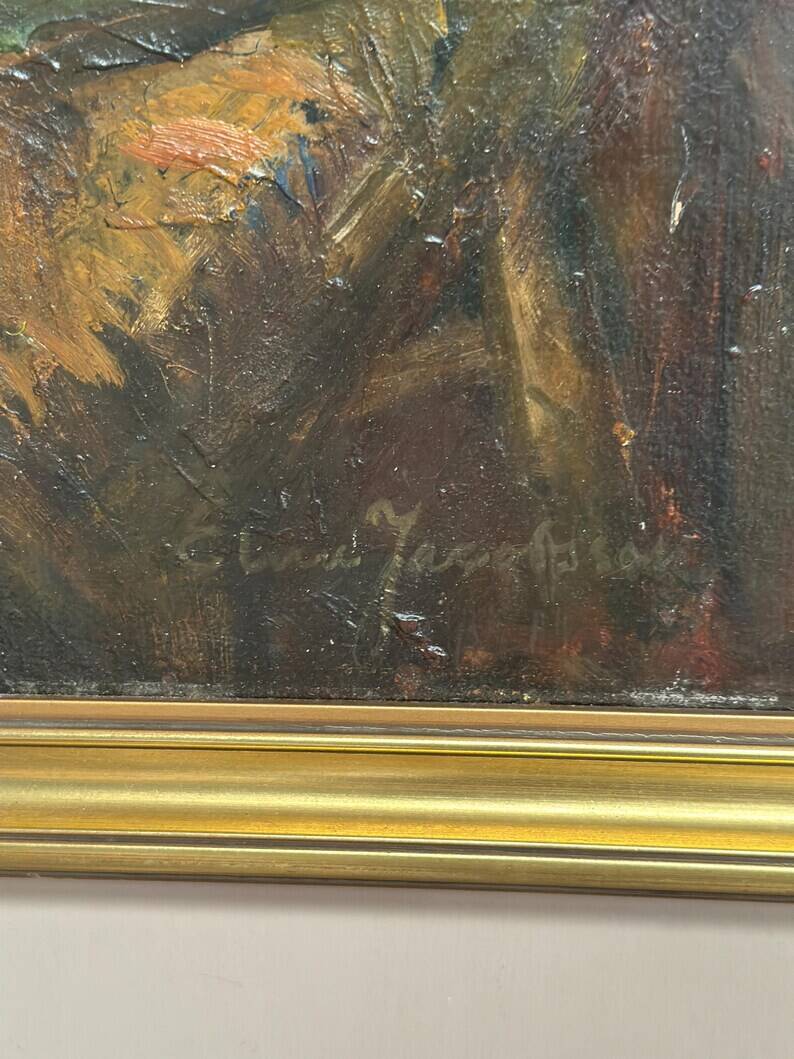 Original Swedish Oil on Panel - "Cineraria i Kruka" by Elna Jacobsson - Signed - Vintage and Framed - 48 × 43.5 cm (18.9" × 17.1")