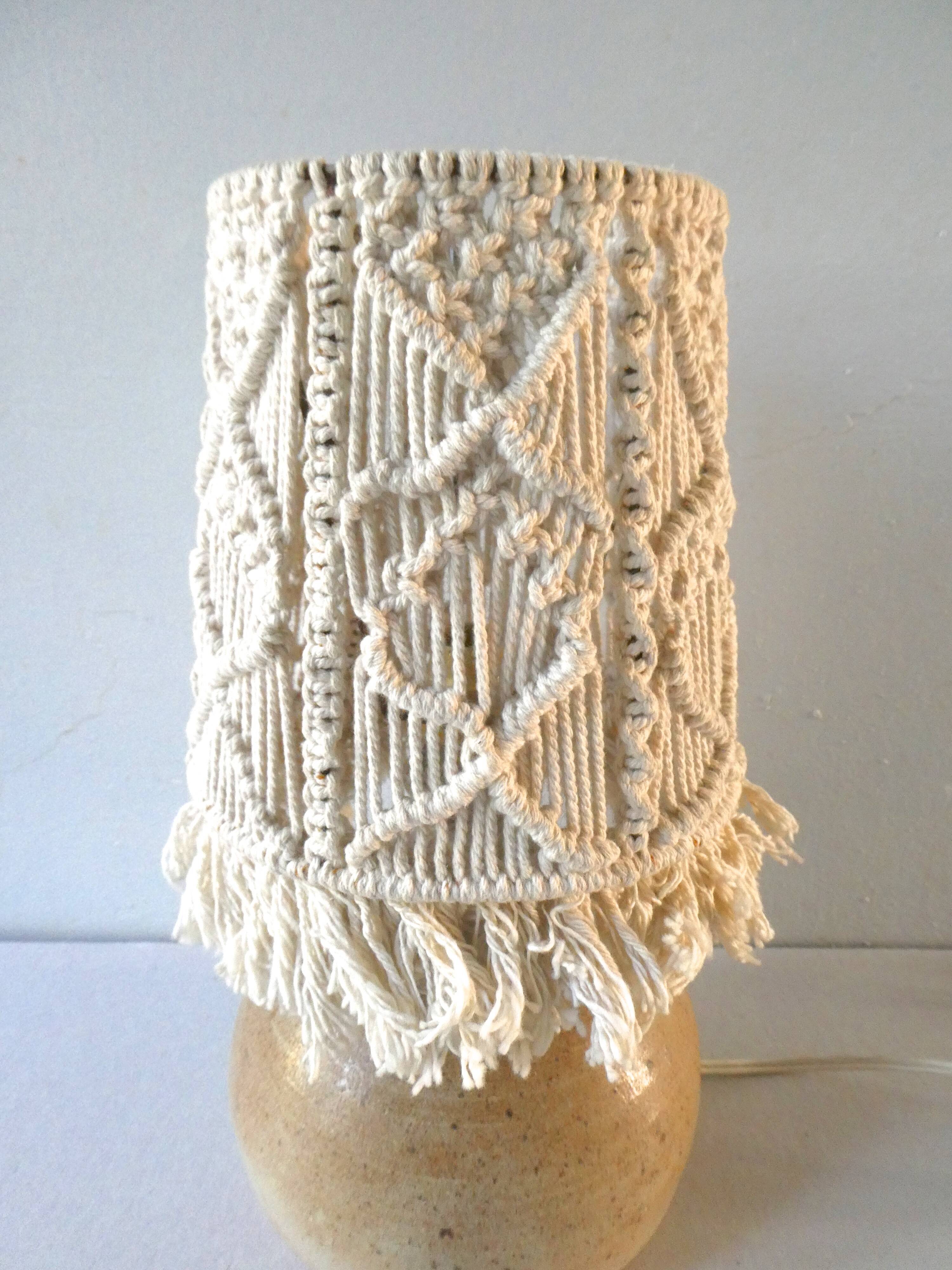 Sandstone lamp with a macrame Lampshade, Jean Migeon