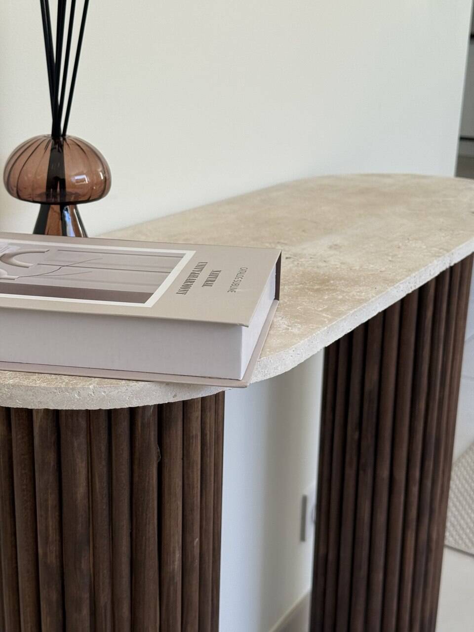 Travertine and wood console | dark oak