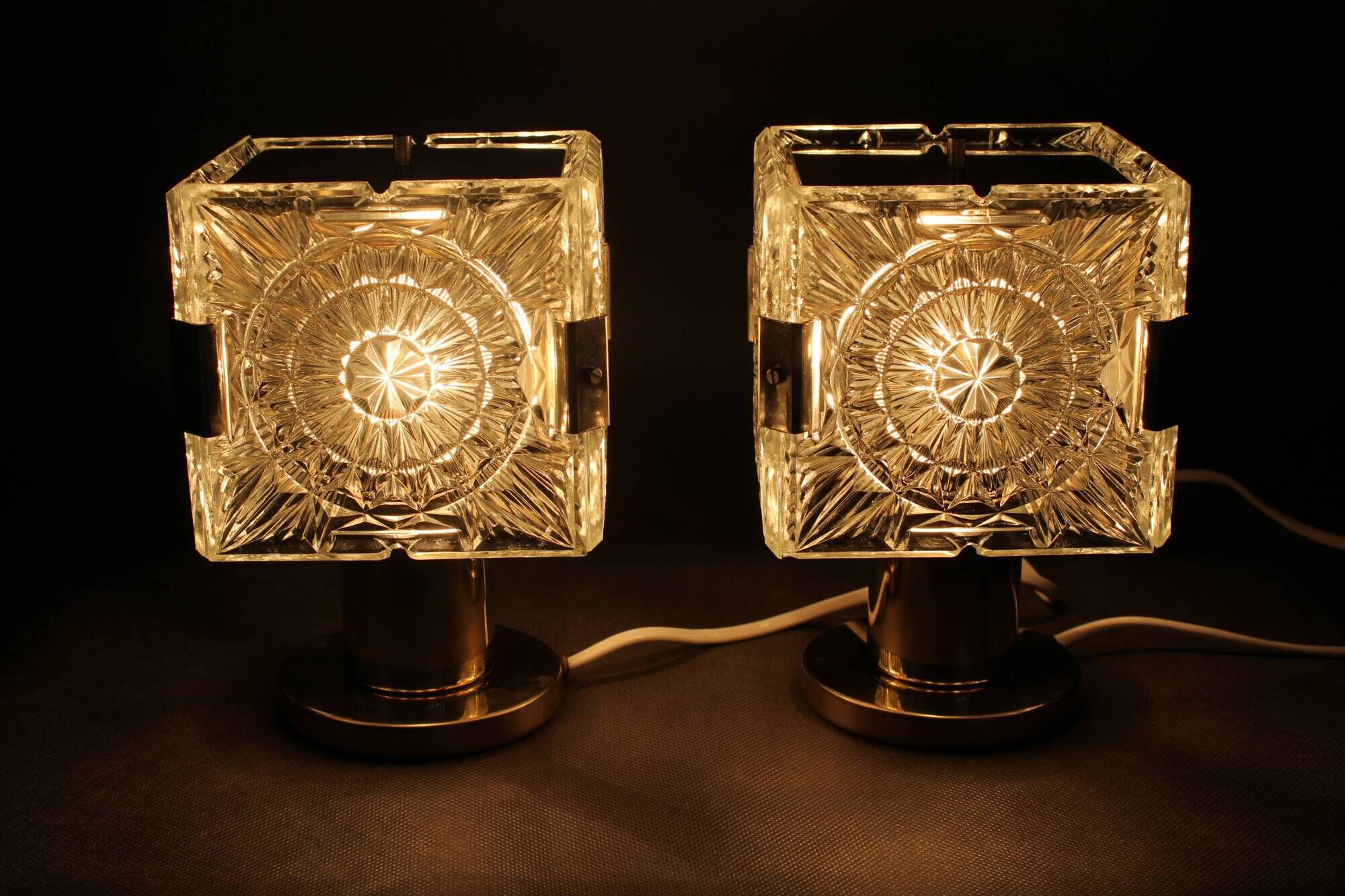 1970s Pair of Brass/Glass Table Lamps by Kamenicky Senov, Czechoslovakia