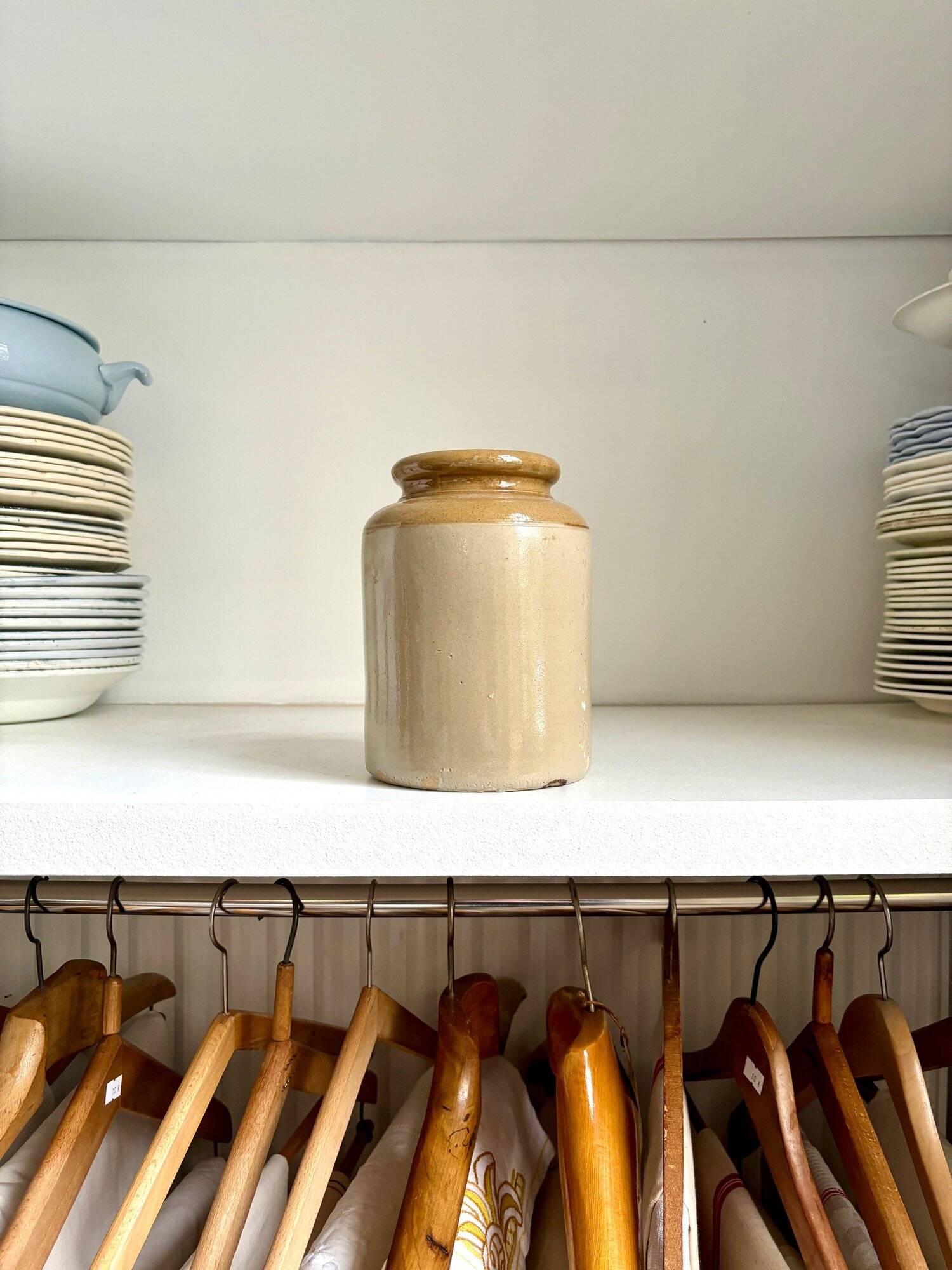 Mustard pot in ocher and beige enamelled stoneware