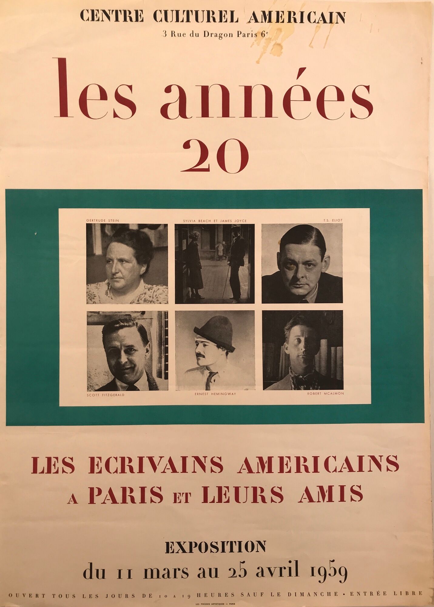 Exhibition poster American Writers in Paris, American Cultural Center, 1959