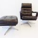 Danish black leather armchair with ottoman 70s