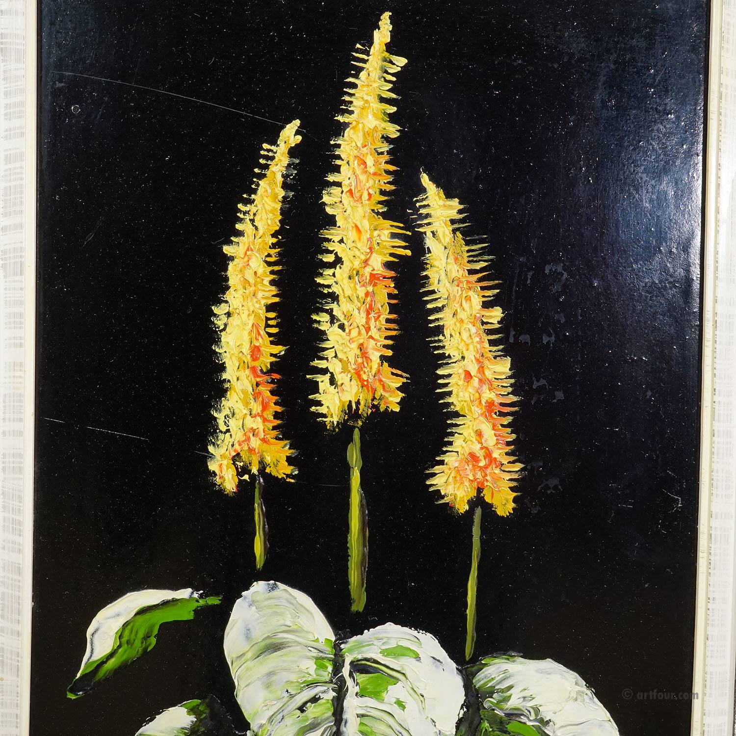 Set of five vintage flower still life paintings.