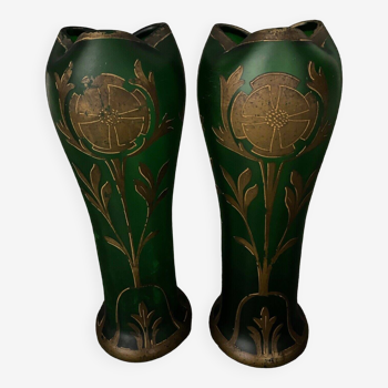 Pair of Art Nouveau vases by Legras model Belgrade flowers with golden highlights