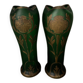Pair of Art Nouveau vases by Legras model Belgrade flowers with golden highlights