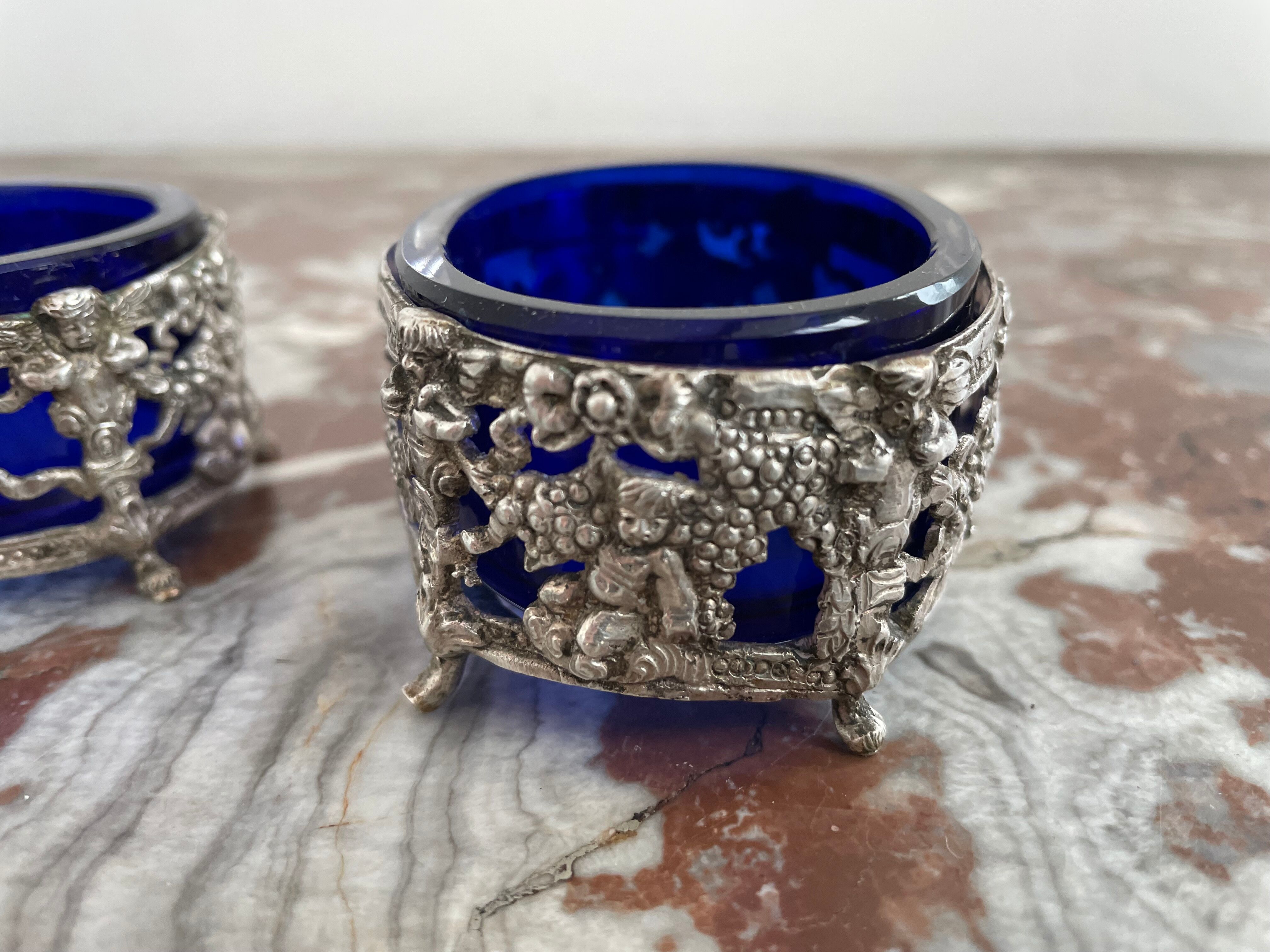 Antique, pair of salerons, silver plated, goldsmith hallmark, putti decoration, grape