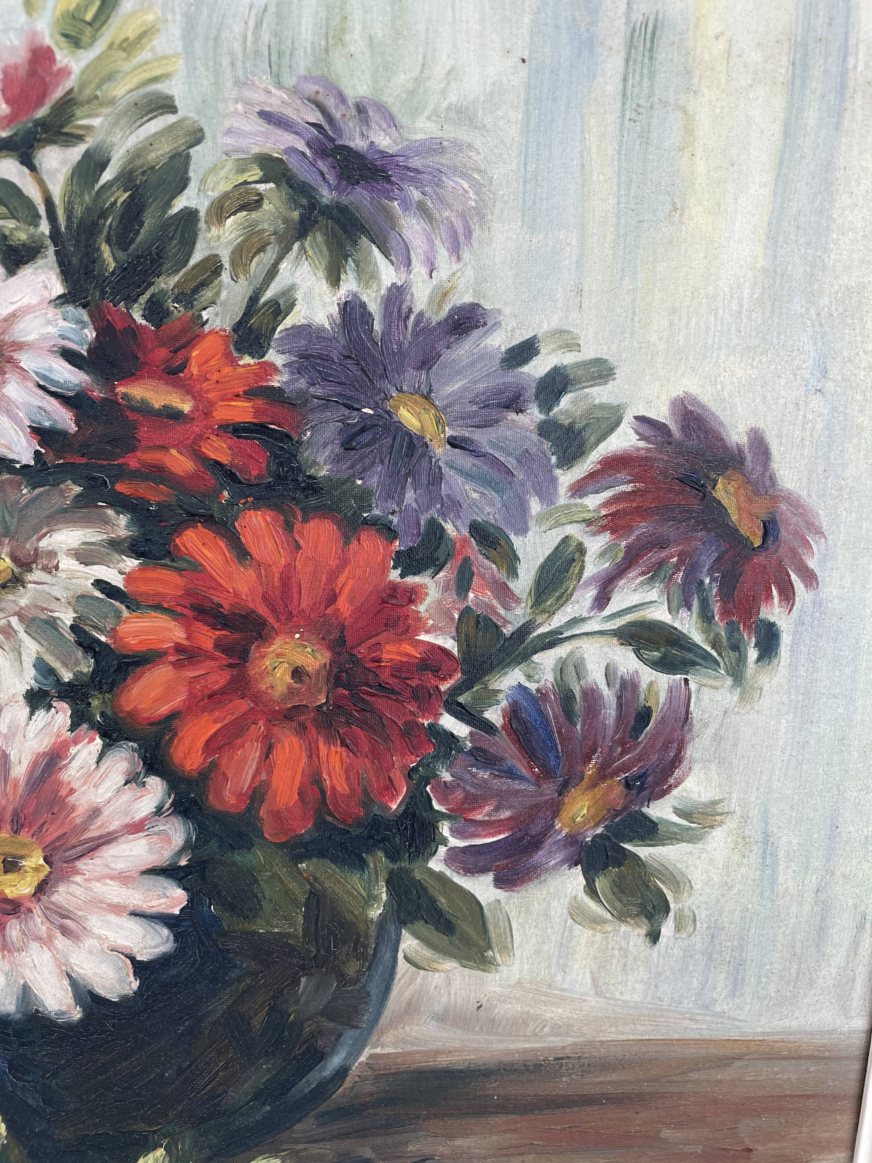 Vintage, oil painting, still life with bouquet of flowers, book, 20th century, signed