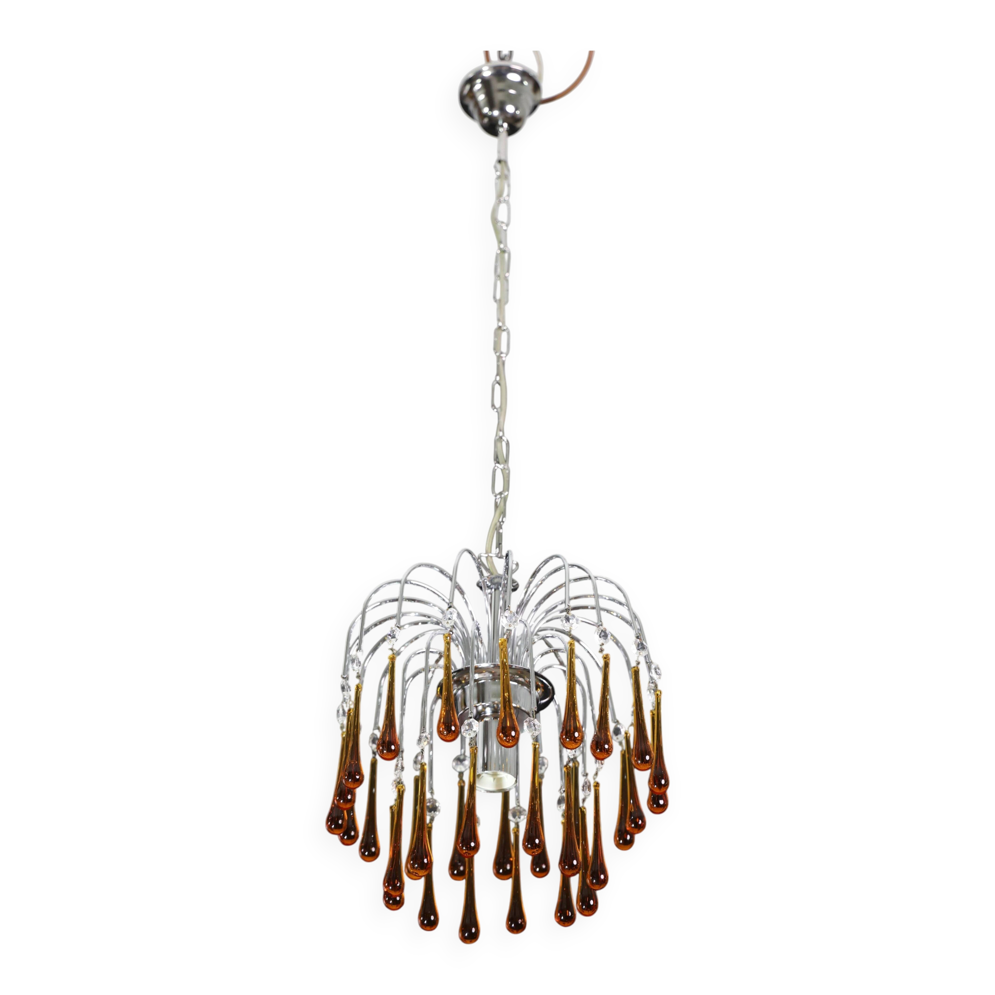 The Amber Crown, Murano Chandelier Amber and Crystal Drops, 1970s