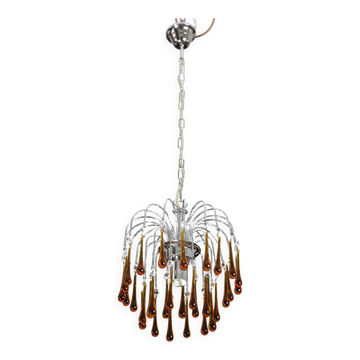 The Amber Crown, Murano Chandelier Amber and Crystal Drops, 1970s