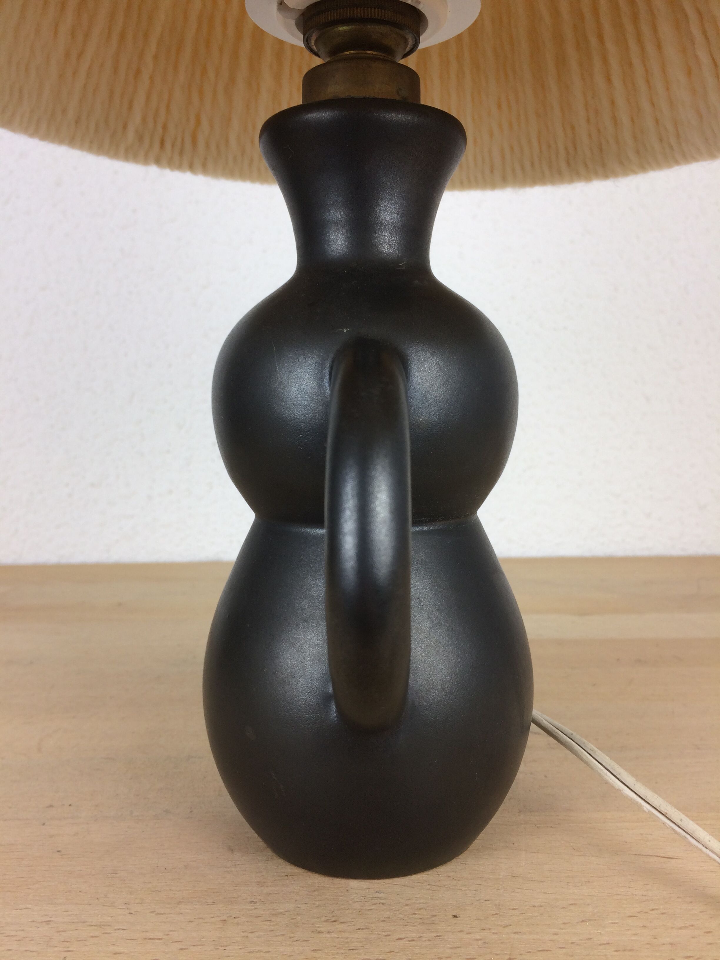 Black ceramic lamp Henri Chatard, 50s, wool lampshade