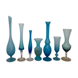 7 vases, soliflores vintage - opaline bleue