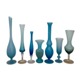 7 vases, soliflores vintage en opaline bleue