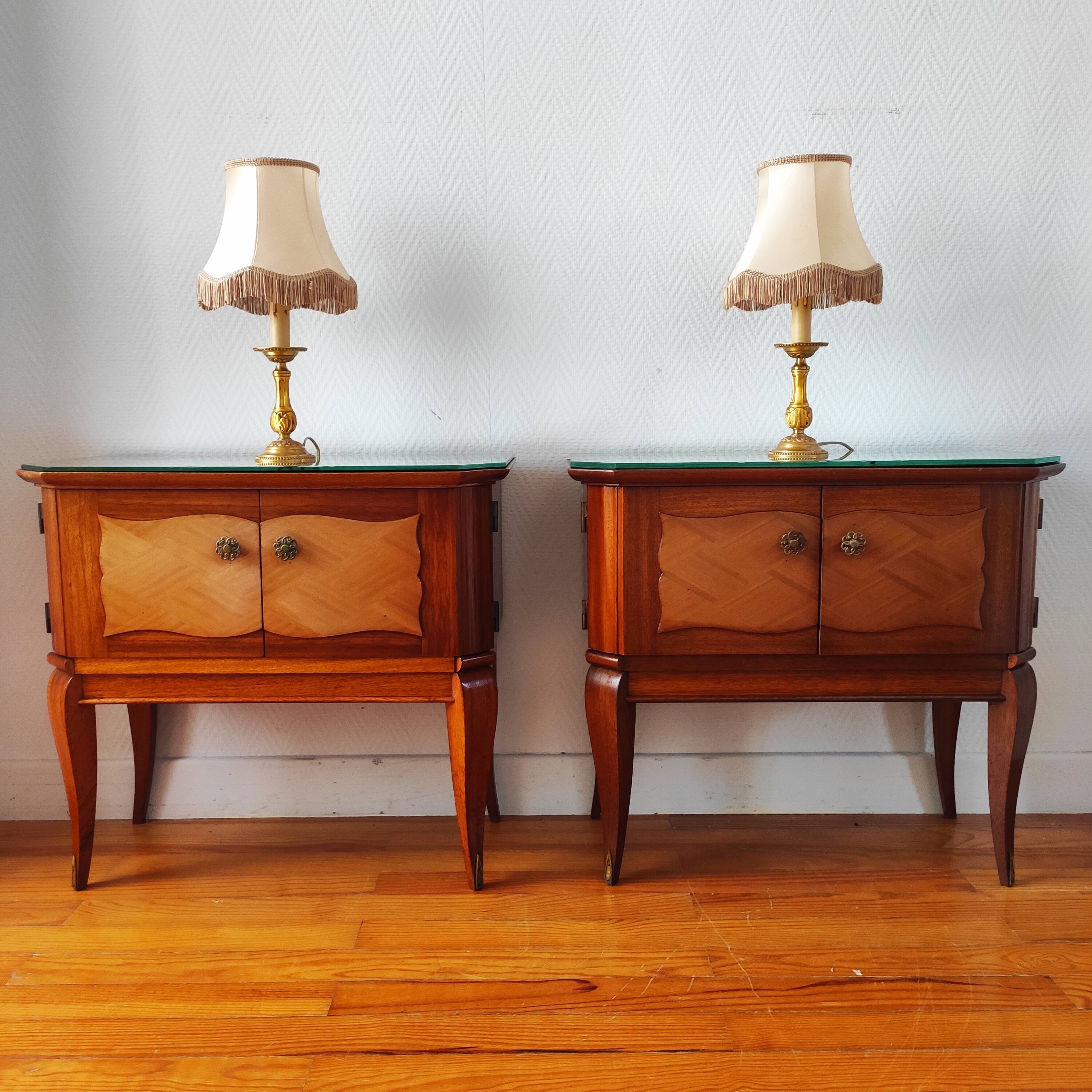 Pair of Art Deco bedside tables, mirrored top.