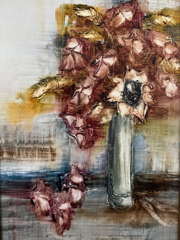 Huile sur panneau XXe nature morte bouquet de fleurs par Mazen