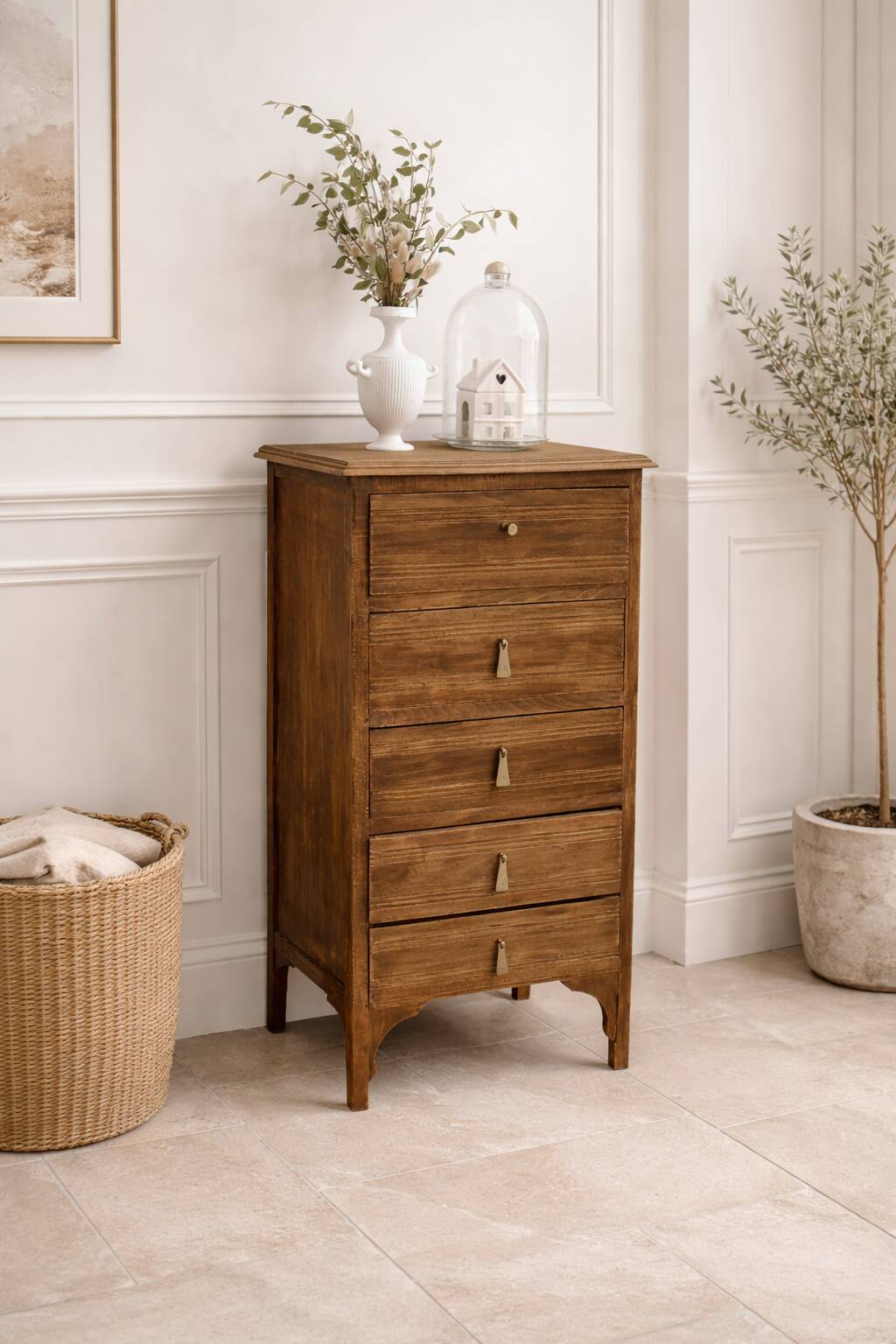 Art Deco chest of drawers in raw wood with 5 drawers.