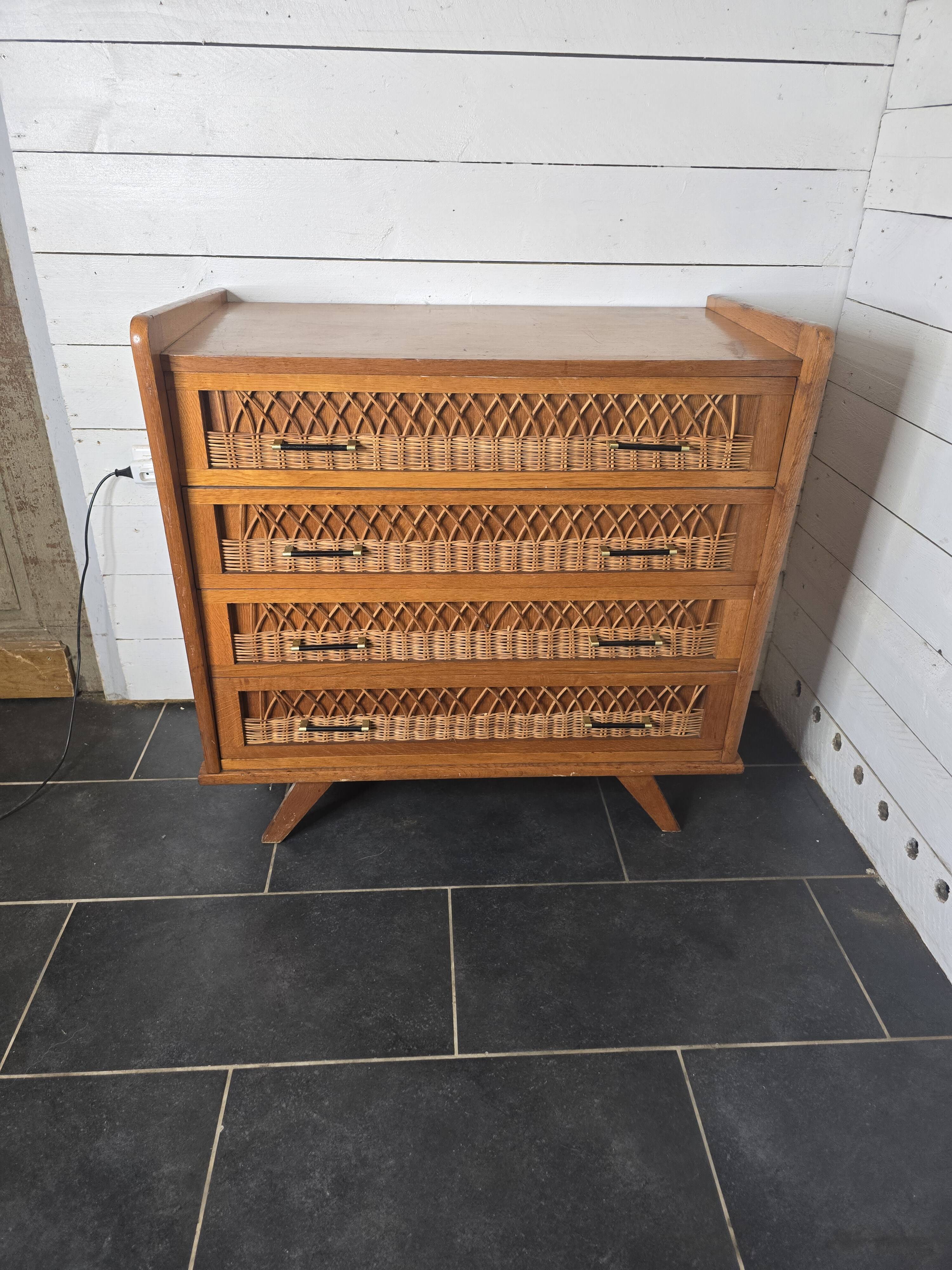 Commode en rotin et bois, années 60