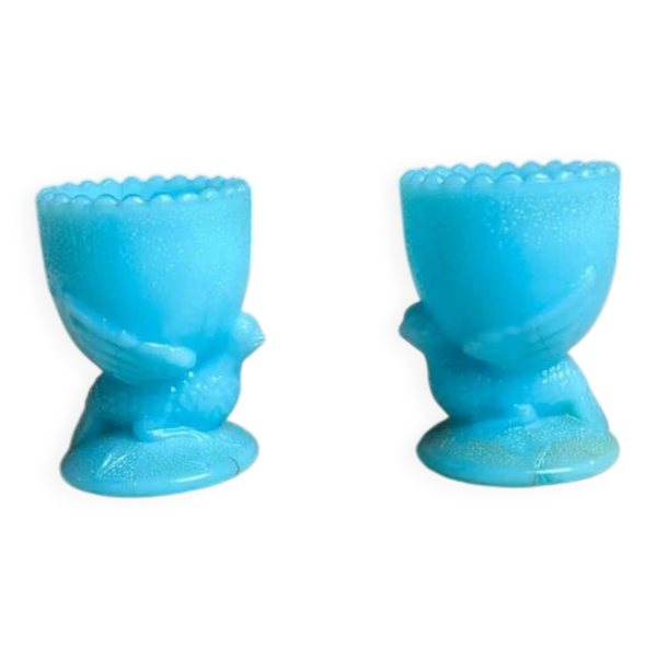 Paire de coquetiers en opaline bleue signés SV Schmid Verrerie