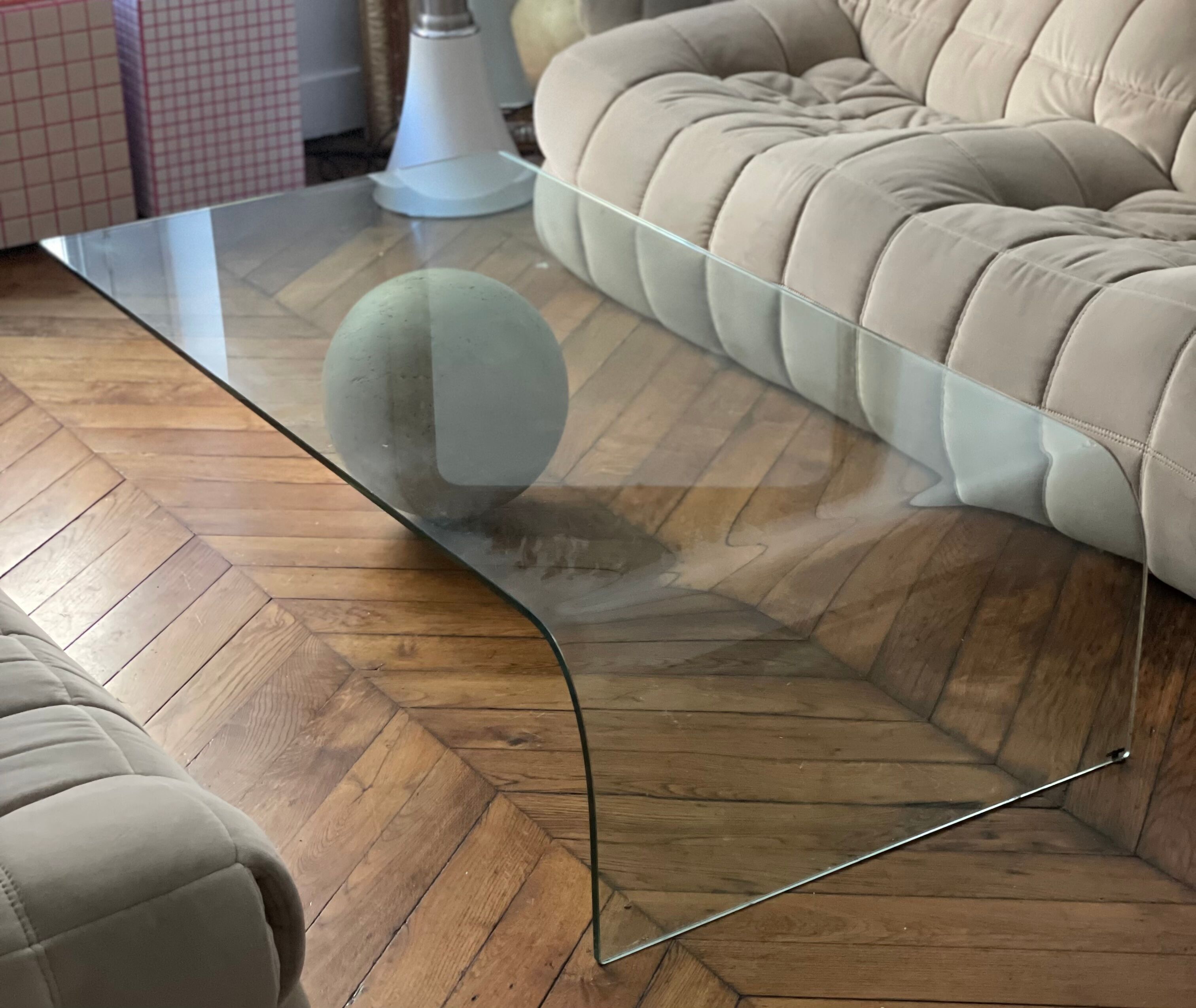 Vintage coffee table Italian design curved glass and travertine