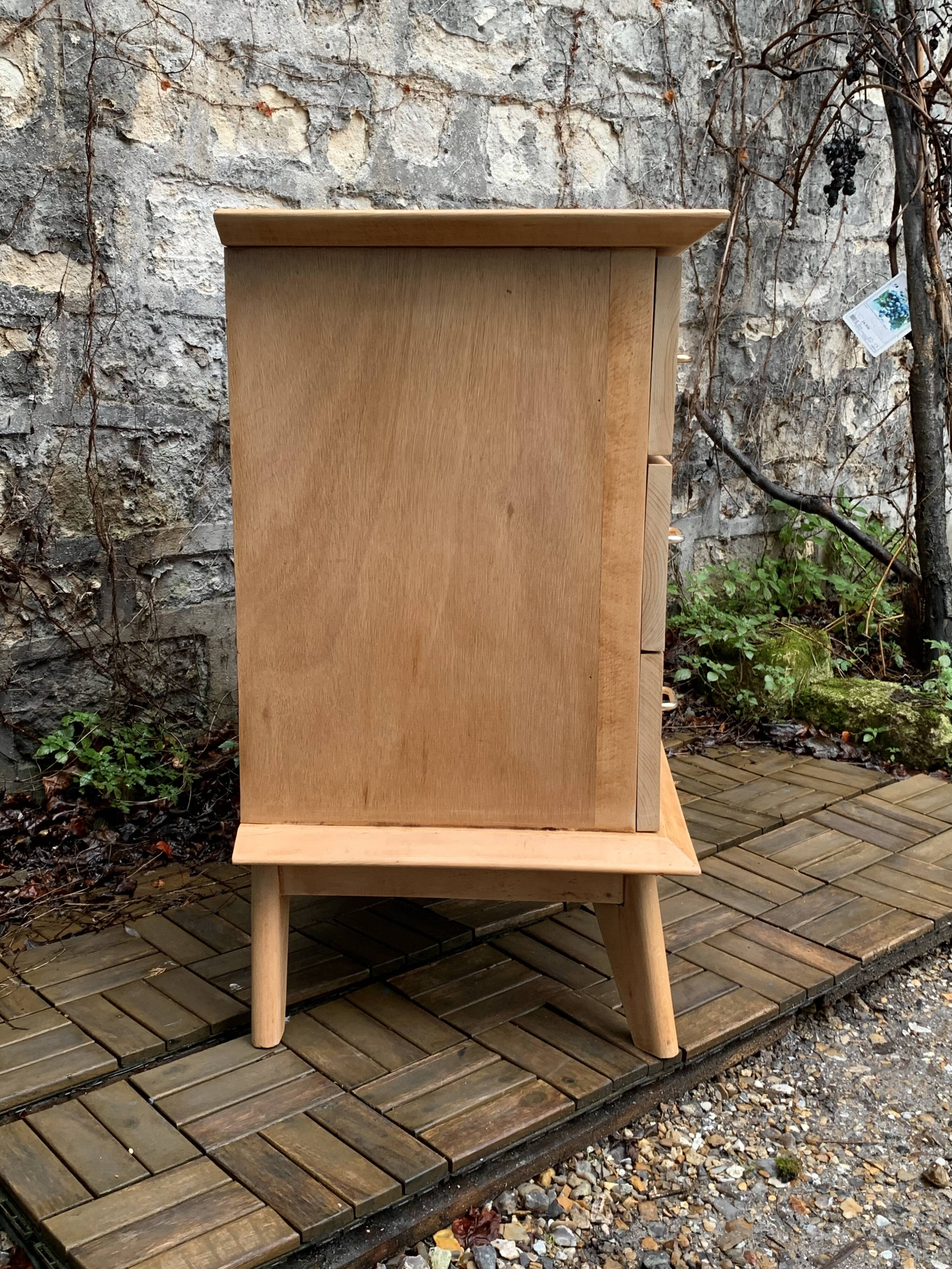 Vintage chest of drawers with compass feet, solid raw beech, 1960s