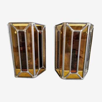 Pair of art deco stained glass wall lamps