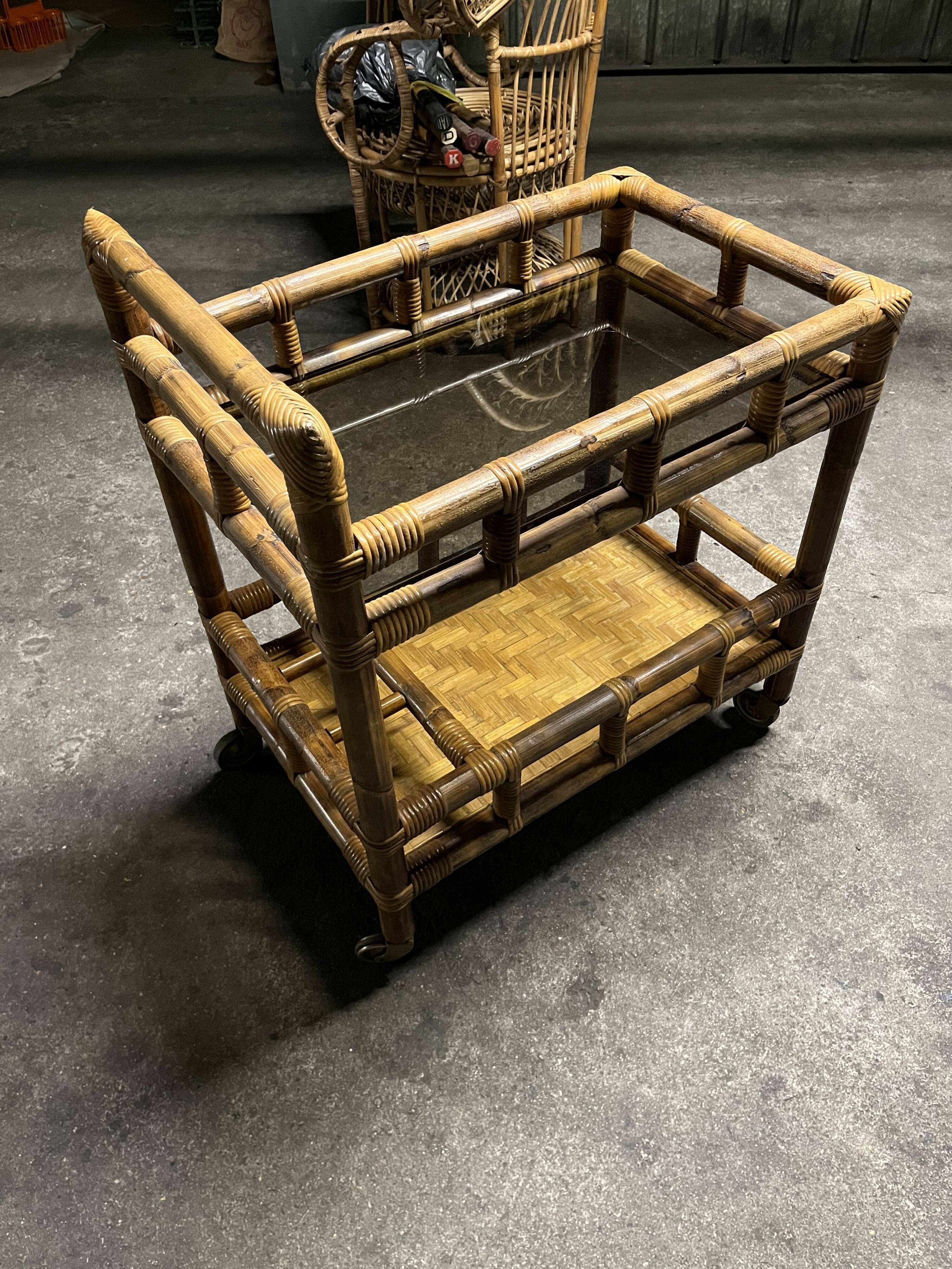 Vintage 1950s bamboo trolley or serving cart.