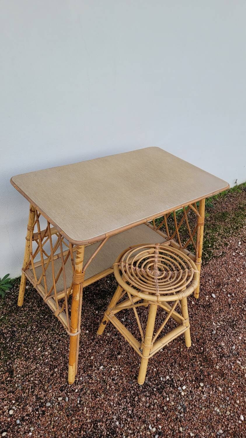 Bureau en rotin avec tabouret vintage- 1950s