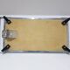 Heating plate, blue and white ceramic, brown rosewood, black metal, Germany, 1970s.