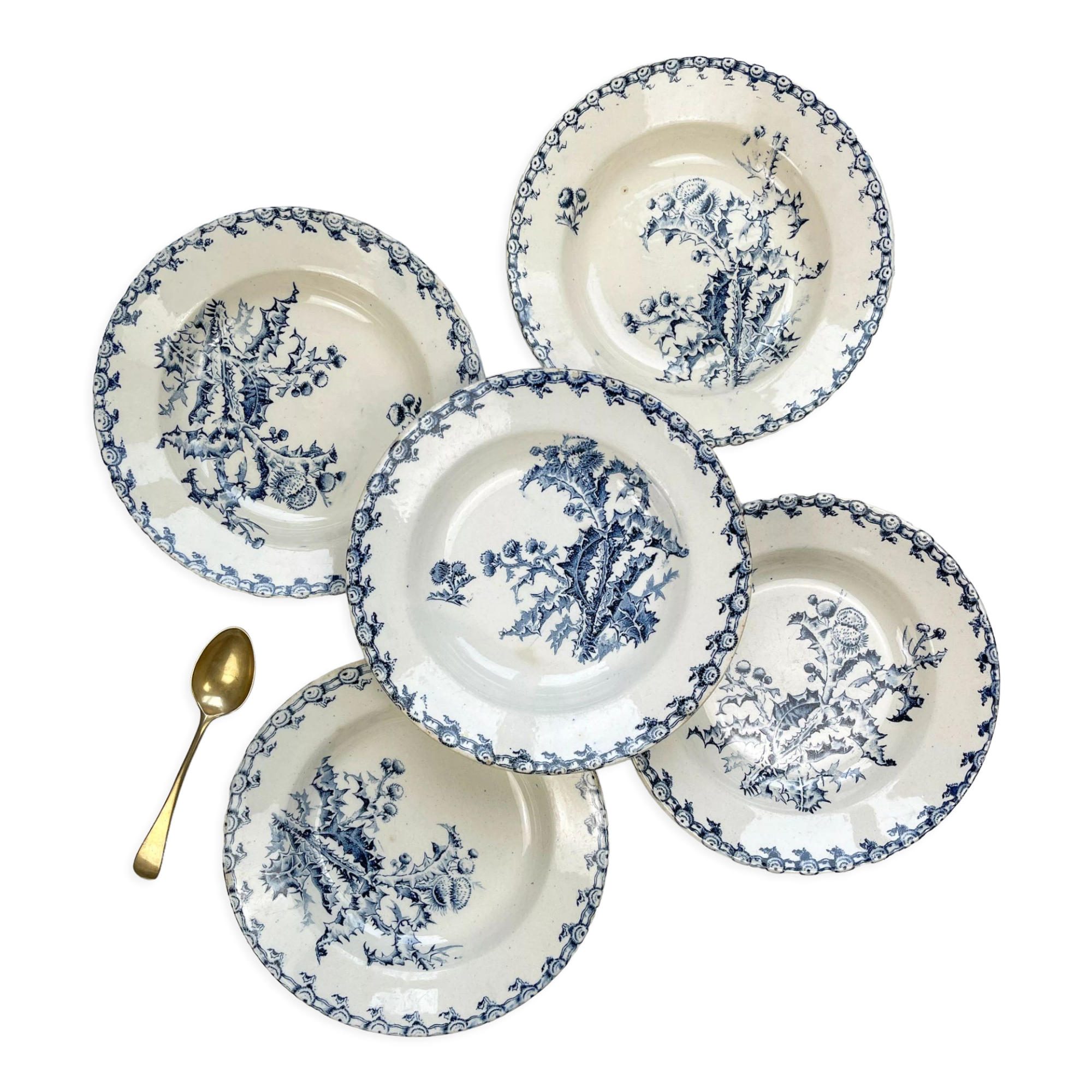 5 assiettes creuses terre de fer gien modèle chardons made in france