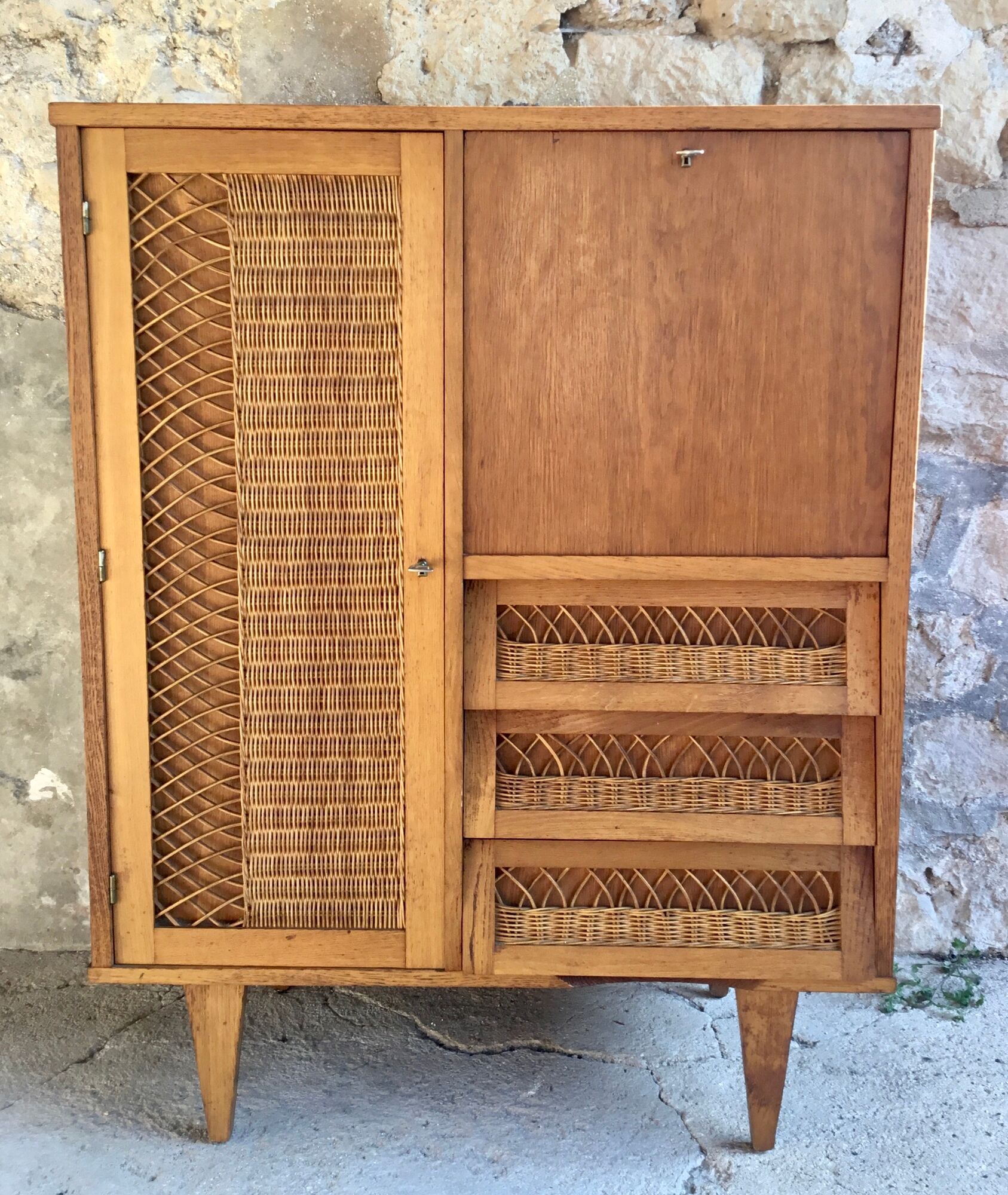 Rattan cabinet with integrated illuminating secretary vintage 1960