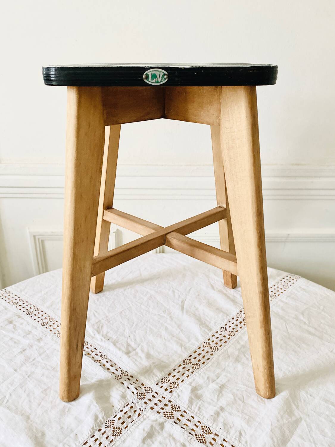 Vintage LV brand wood and formica stool from the 1950s