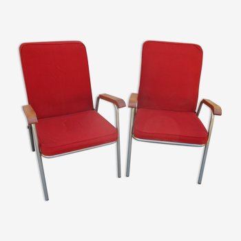 Pair vintage red velvet armchairs 50/60 years