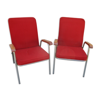 Pair vintage red velvet armchairs 50/60 years