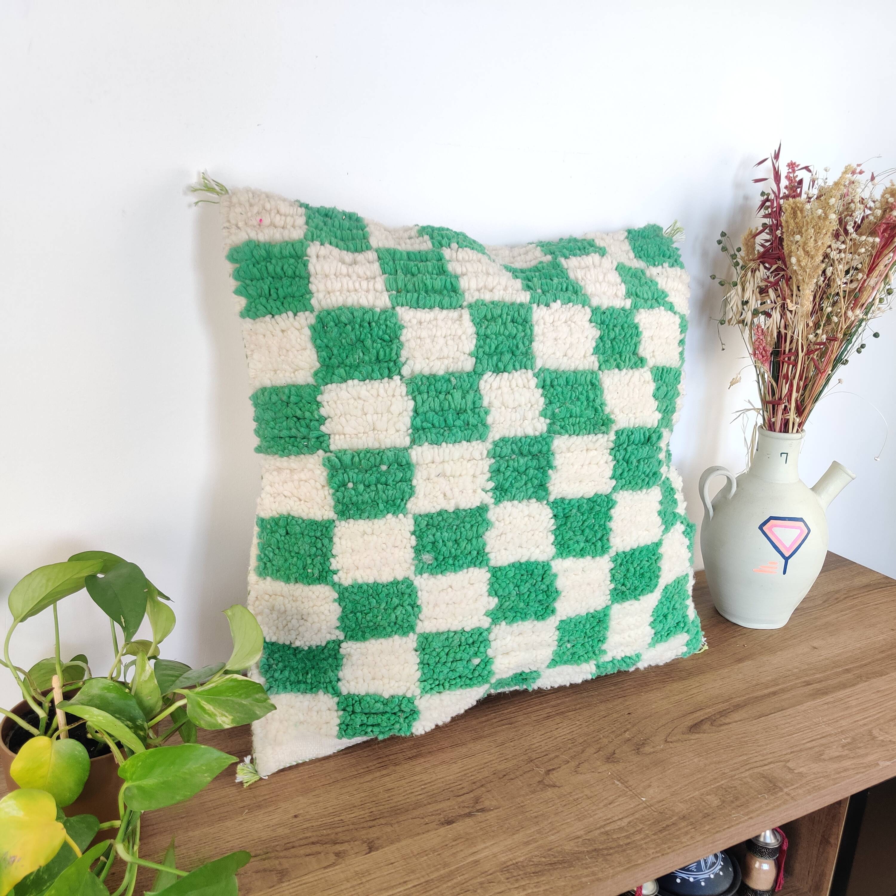 Berber green checkerboard cushion