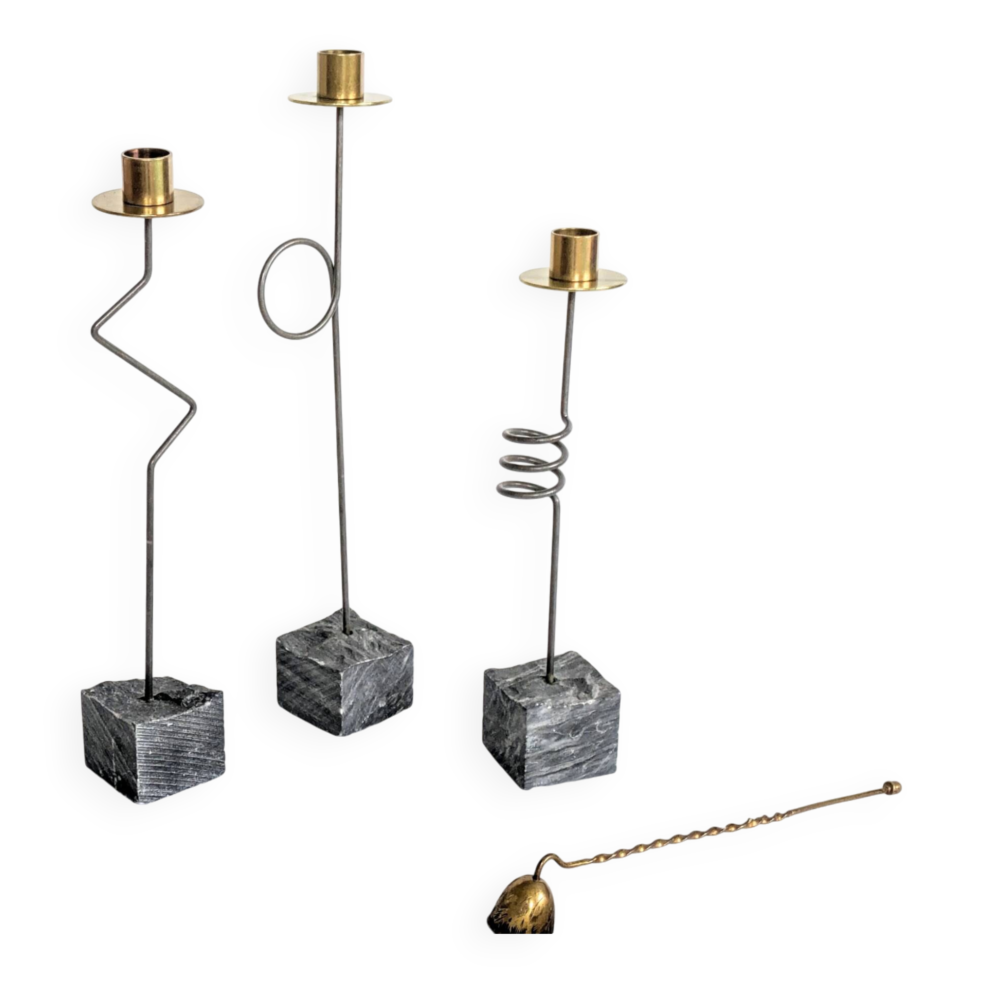 Set of 3 candlesticks | IKEA “Kräsen” from the 1980s | Steel, Brass, Granite