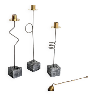 Ensemble 3 bougeoirs | IKEA « Kräsen » des années 1980 | Acier, Laiton, Granit