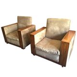 Pair of modernist Art Deco armchairs in alcantara and walnut, 1930